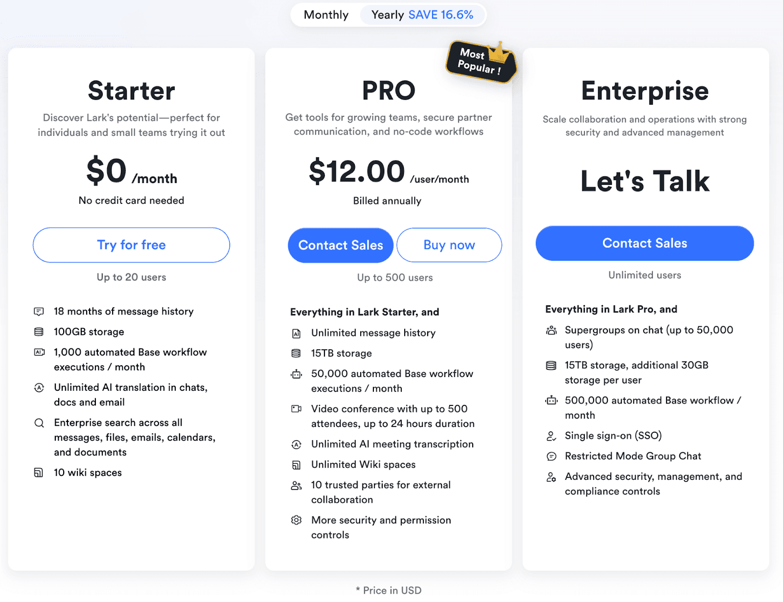 Lark's pricing plans for Starter, Pro, and Enterprise tiers