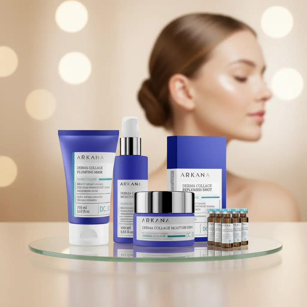 Zestaw kosmetyków Arkana w niebieskich opakowaniach na szklanej podstawce, w tle twarz młodej kobiety o gładkiej, promiennej skórze