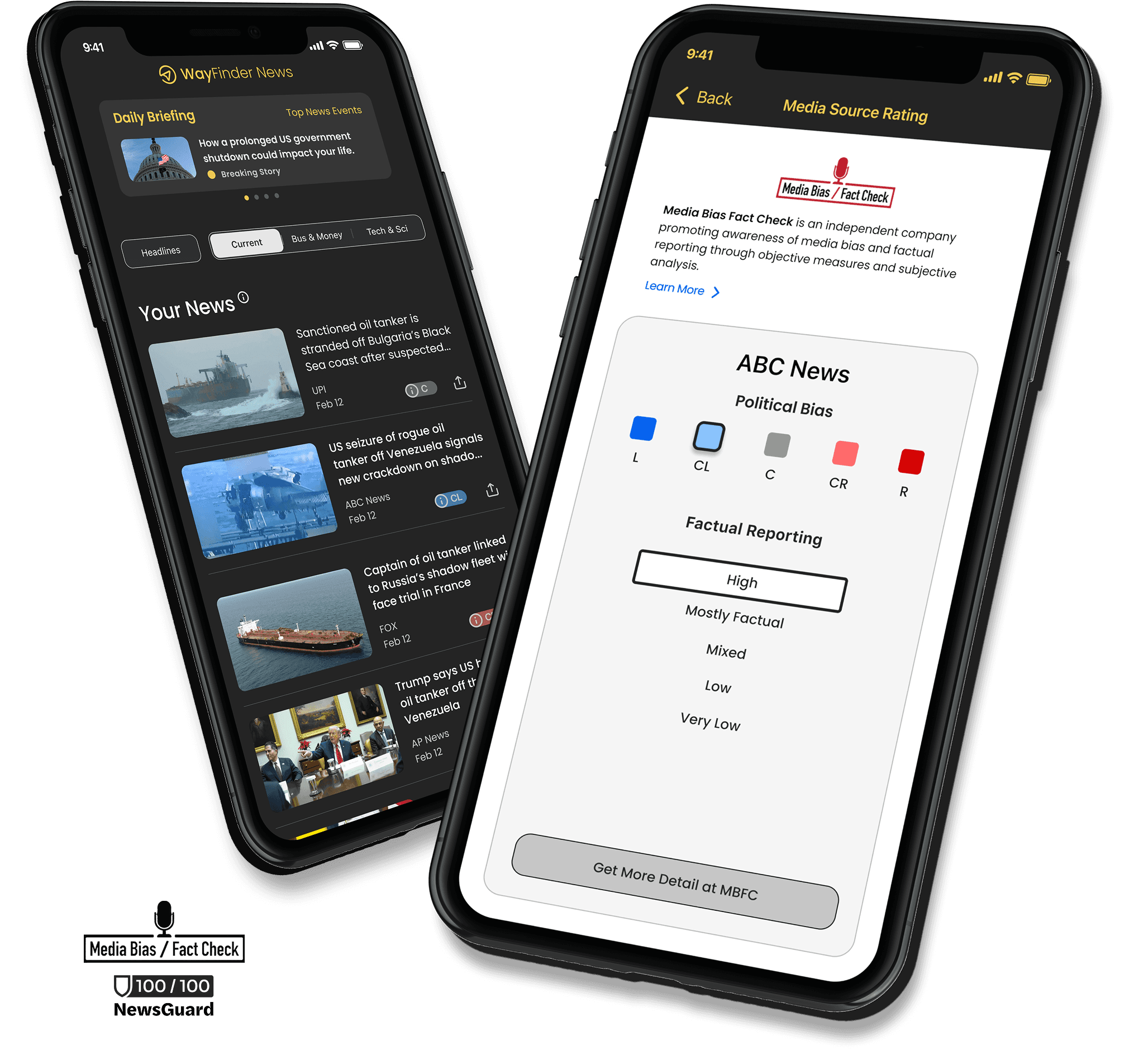 two mobile phones - screen on the left is of the wayfinder home screen with articles and bias tags - screen on the righ is a news source rating