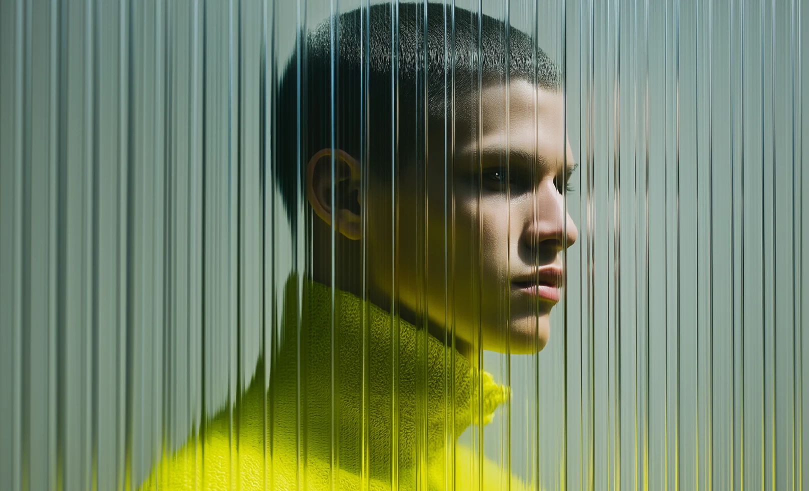 Side profile portrait behind vertical glass texture