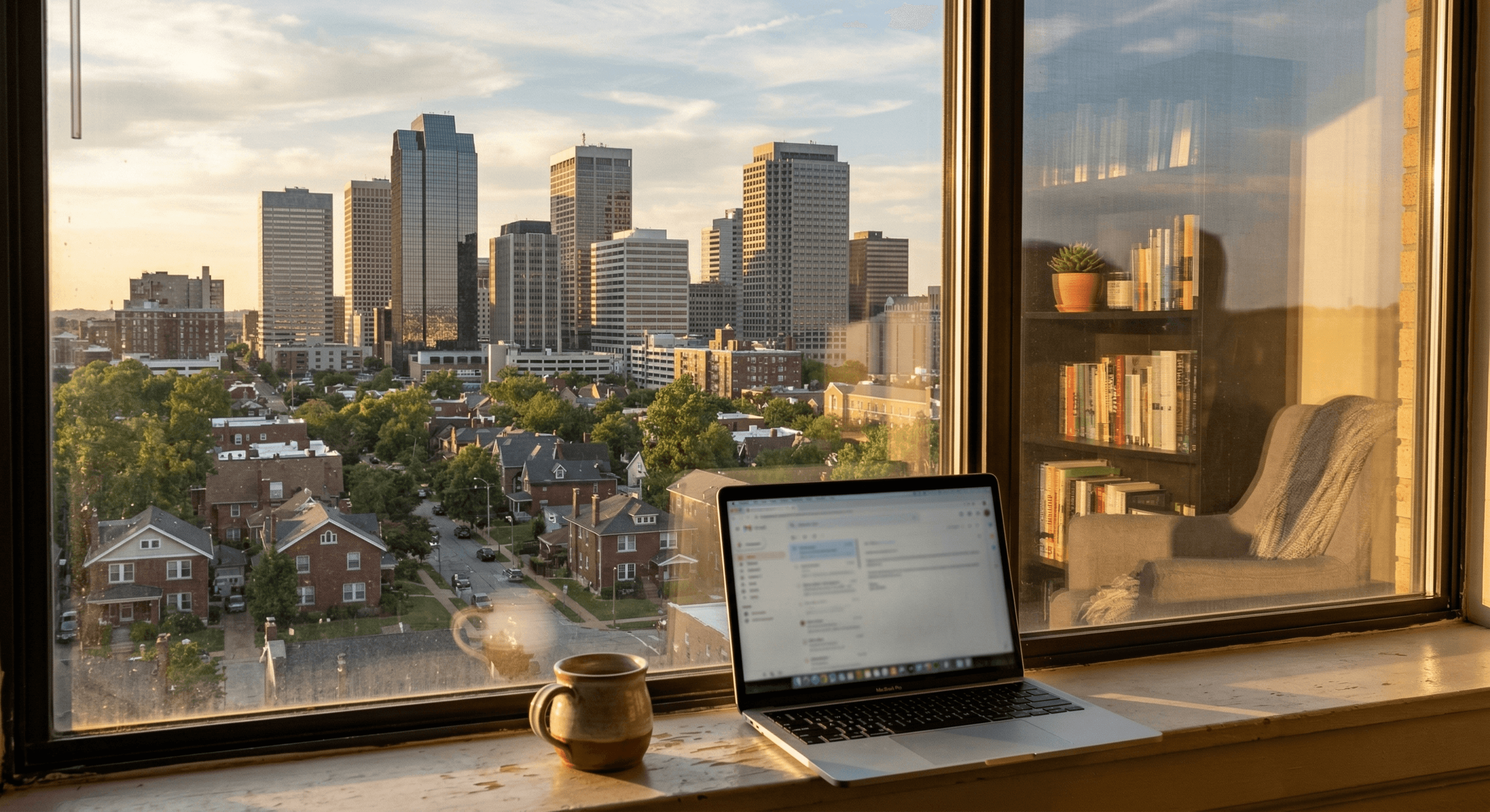Home workspace on a windowsill overlooking a corporate skyline, representing remote work accommodations during RTO mandates