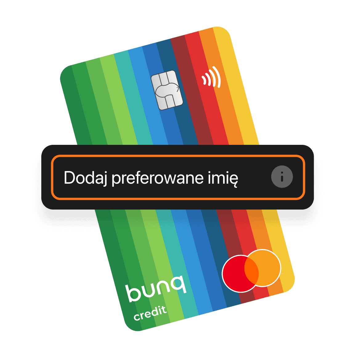 Karty bunq wyświetlone z przyciskiem do dodania preferowanego imienia na kartę.