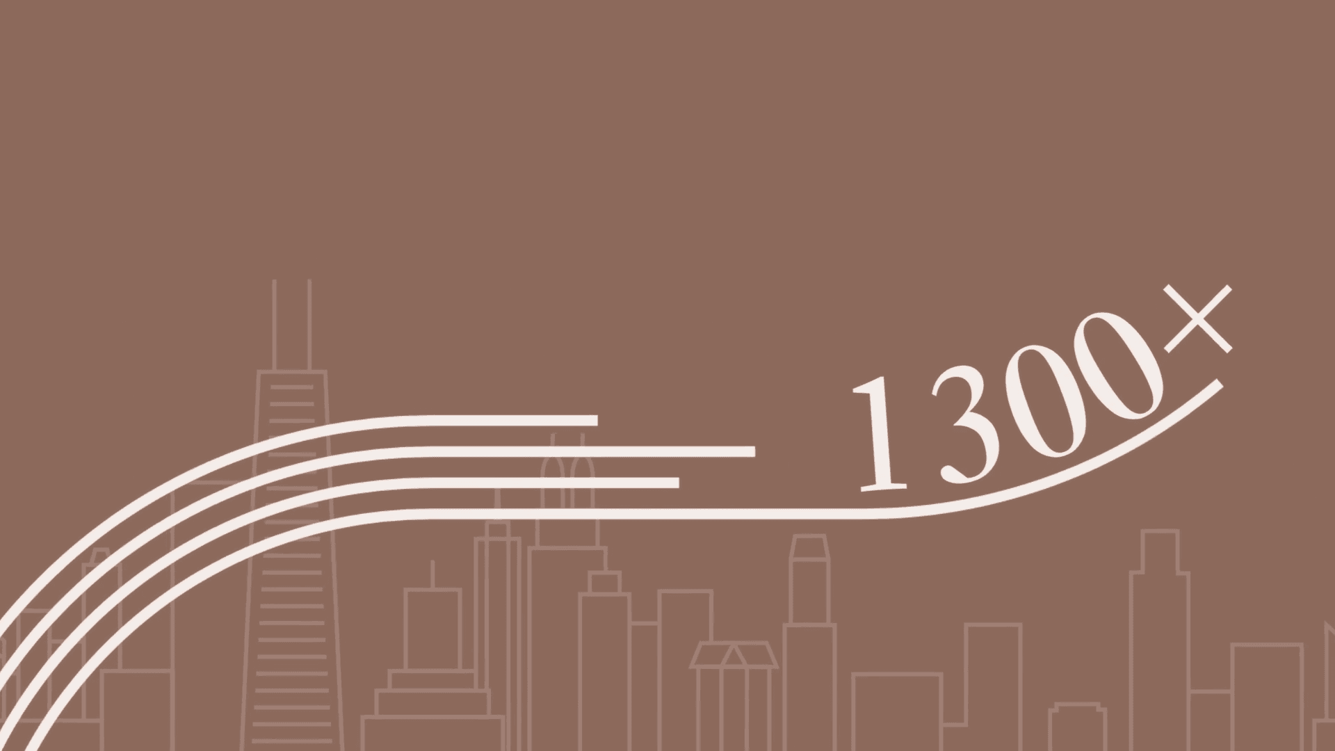 Animated skyline graphic showing 1300 plus achievements in a corporate motion design video