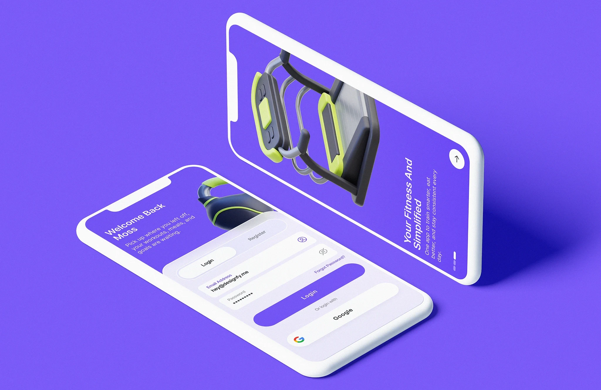 Fitness mobile app UI design with onboarding screens, login flow, and 3D product visuals on a purple background