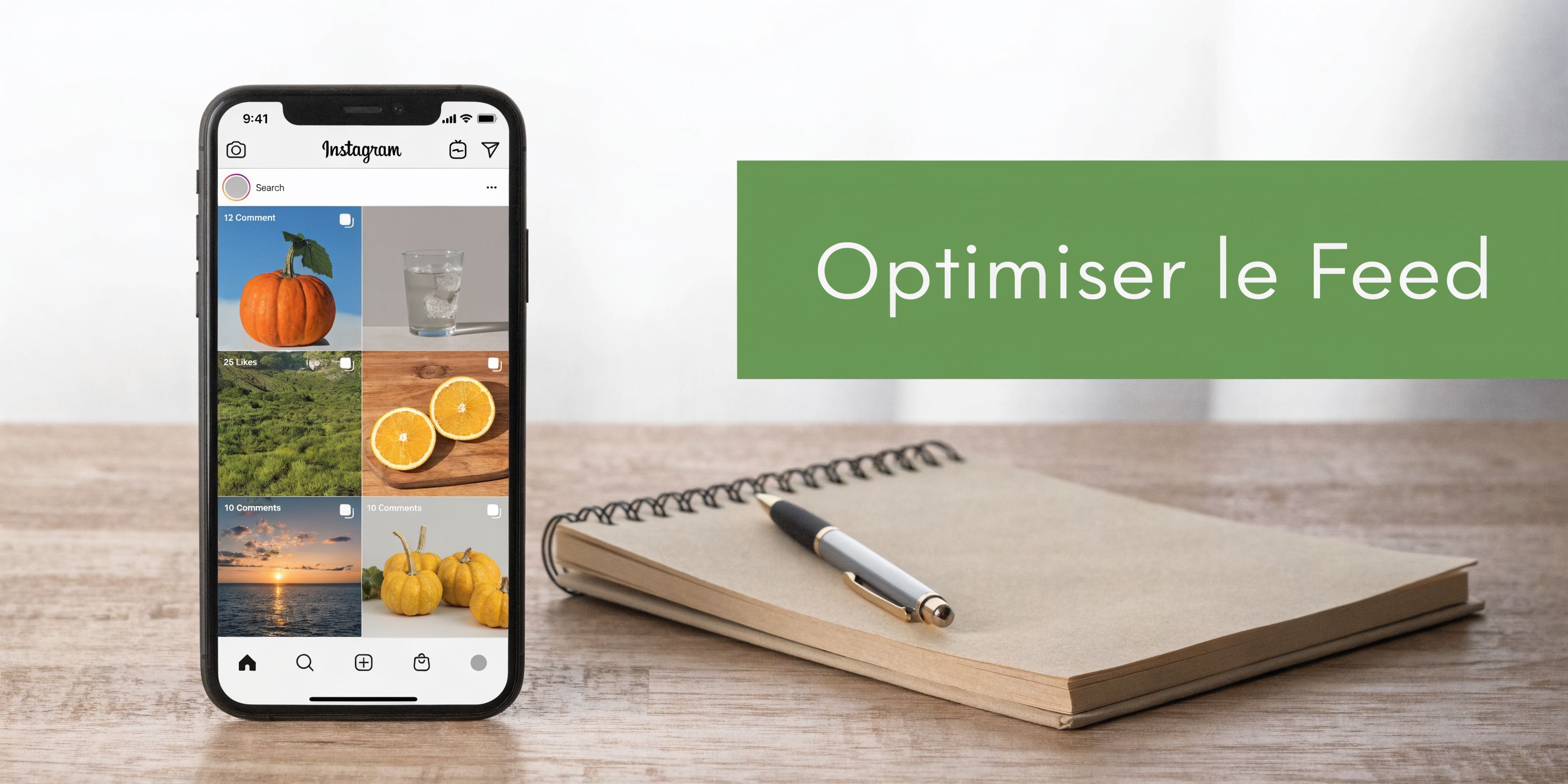 Un smartphone affichant un profil Instagram sur une table à côté d'un carnet et d'un stylo.