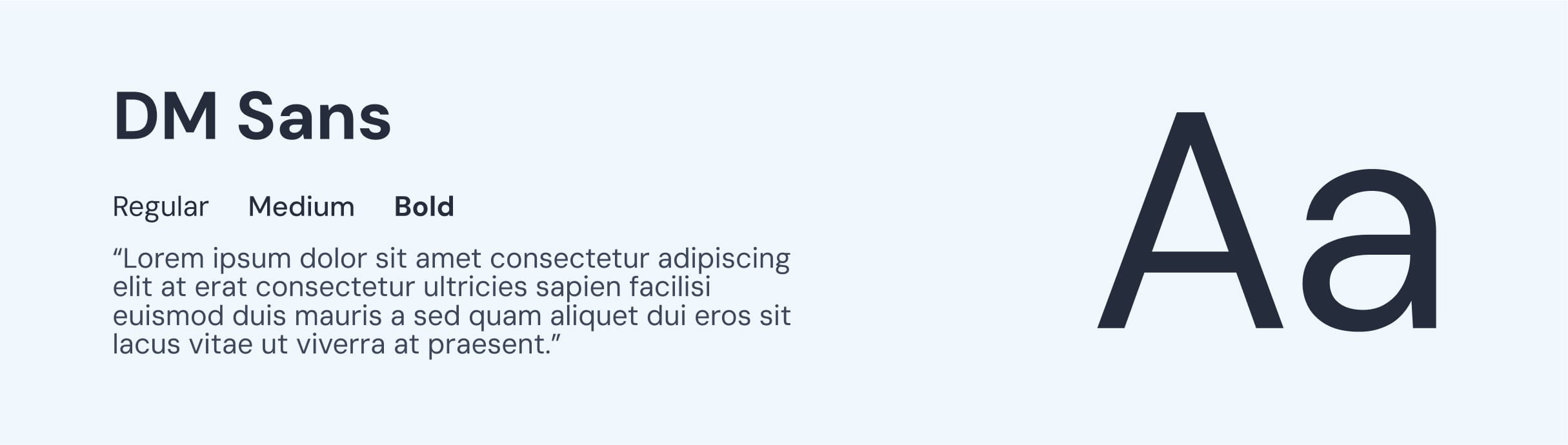 Présentation de la typographie secondaire choisie pour la charte graphique de Villa Wassim Marrakech. La police est 'DM Sans' (Regular, Medium, Bold), une police de style Sans Serif moderne, propre et très lisible, affichée en bleu nuit sur un fond bleu très clair. Cette typographie est essentielle pour le corps de texte du site web et l'interface utilisateur, contrastant avec la police Serif principale. Ce choix démontre l'expertise de Nux-Studio en direction artistique et design UX/UI pour garantir l'élégance et la lisibilité du branding digital.