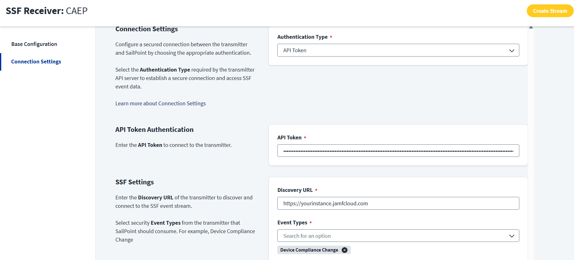 SailPoint ISC interface showing connection settings for a CAEP SSF Receiver, including API Token authentication and a Jamf Discovery URL.