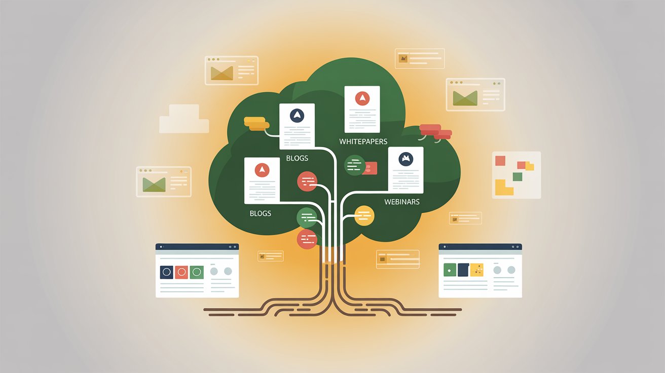 Content marketing ecosystem showing variety of content types including blogs, whitepapers, webinars, and videos