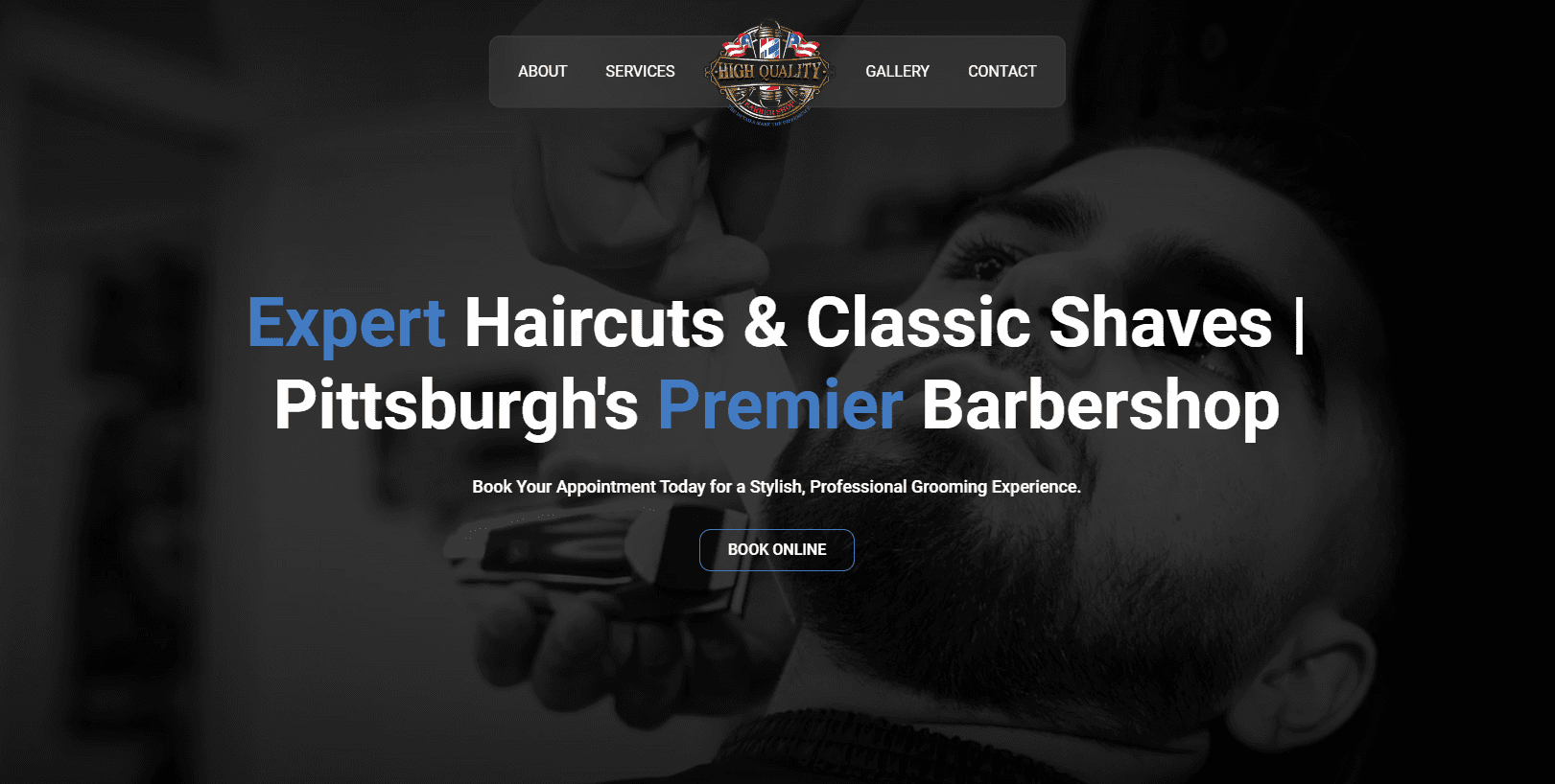 Barbershop website hero section with simple navigation bar