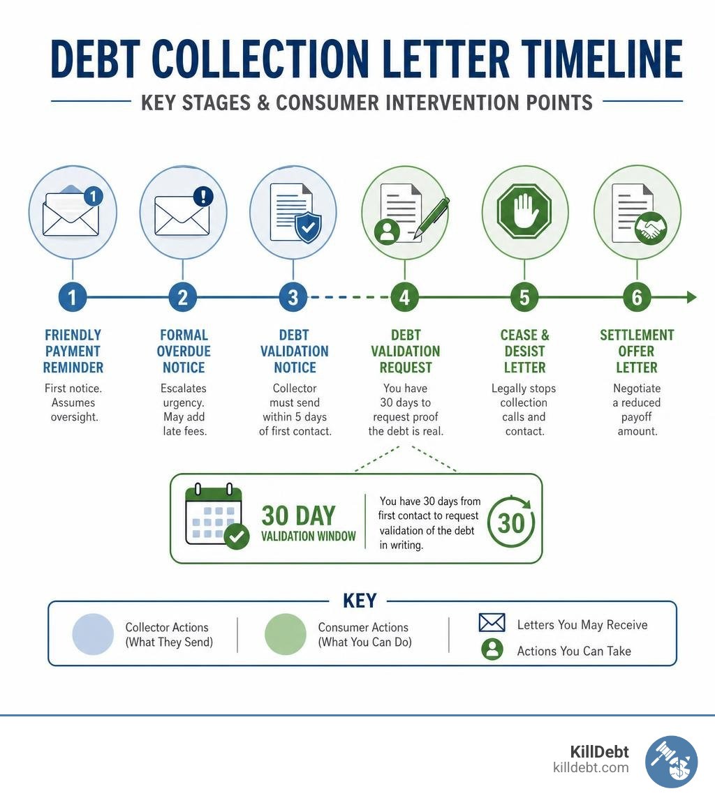 Debt collection letter timeline showing key stages and consumer intervention points infographic