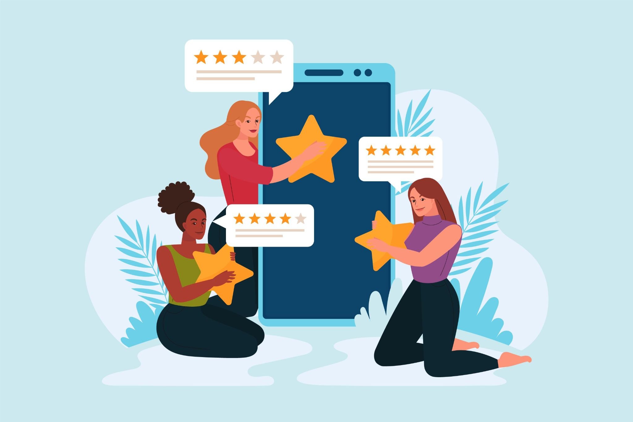 Flat illustration of consumers leaving star ratings and reviews on a mobile app