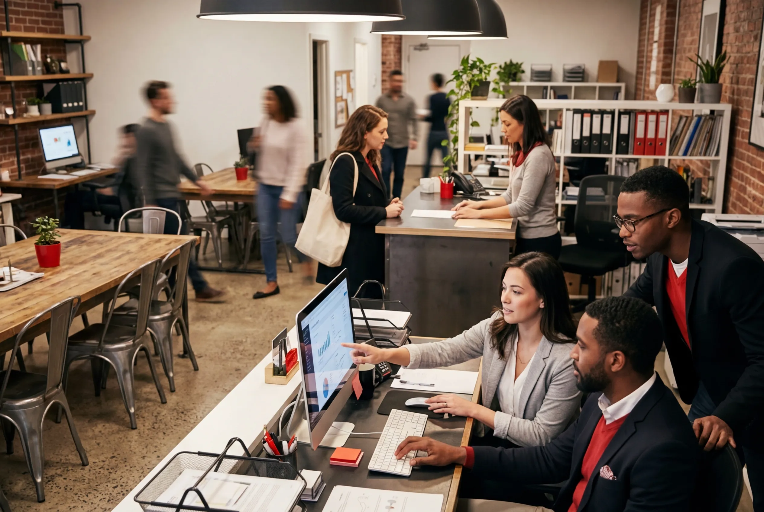 Modern office scene at RockN' Socials Digital Marketing Agency, collaborative workspace.