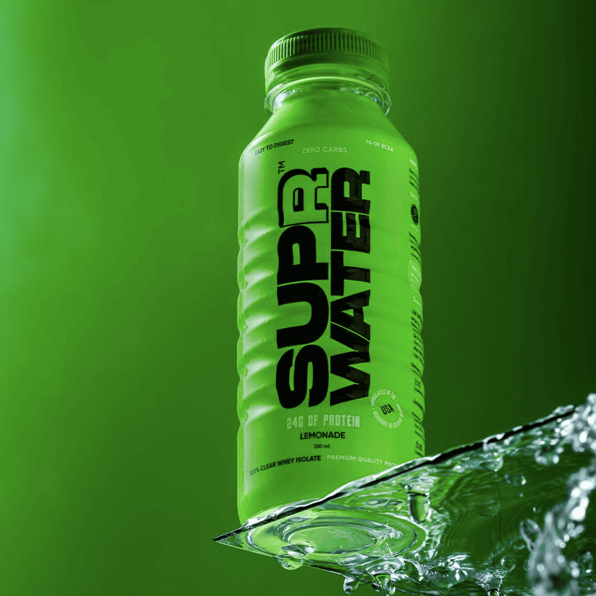 Supr Water shelf visuals with vibrant bottle line-up and branded fridge display in retail setting