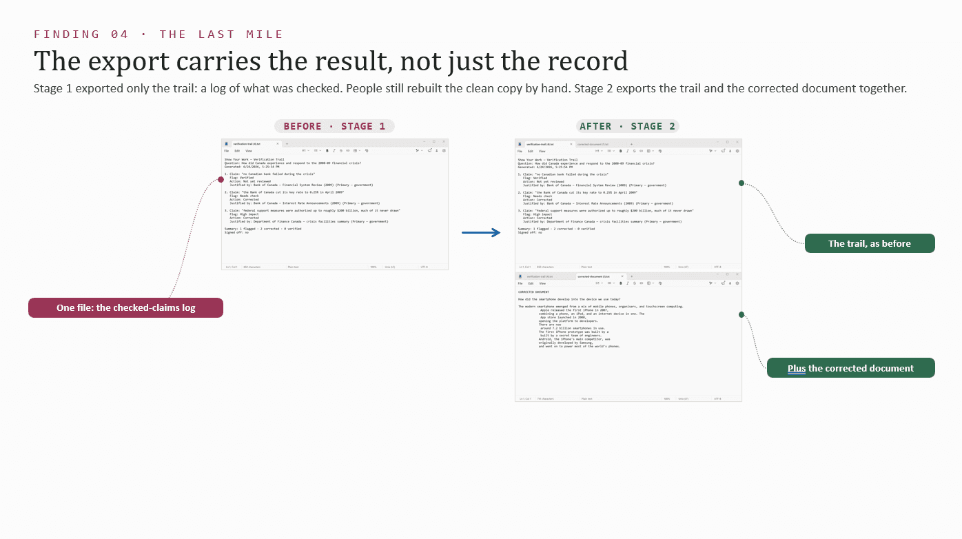 Two versions of the export screen from the Stage 2 prototype, before and after the redesign that added a reviewer-facing record of what was checked.