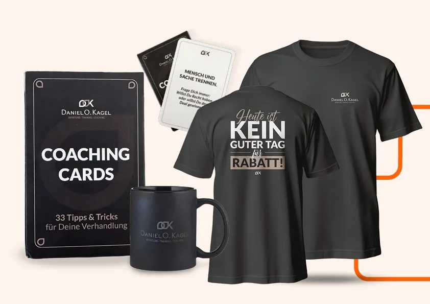 Branding und Markenauftritt des Verhandlungstrainers Daniel O. Kagel, Tasse, T-Shirt und Coaching Cards