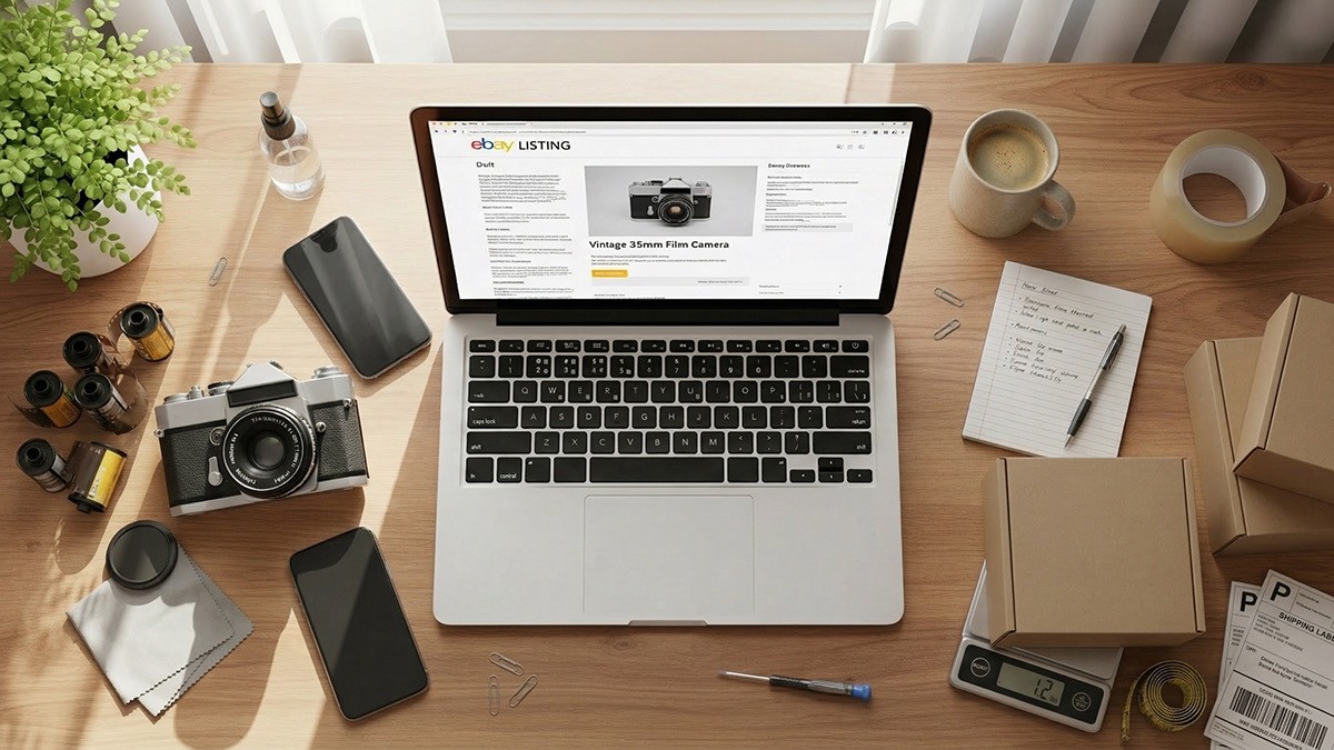 Top-down view of a wooden desk with a laptop showing an eBay listing, a vintage camera, film rolls, and shipping boxes