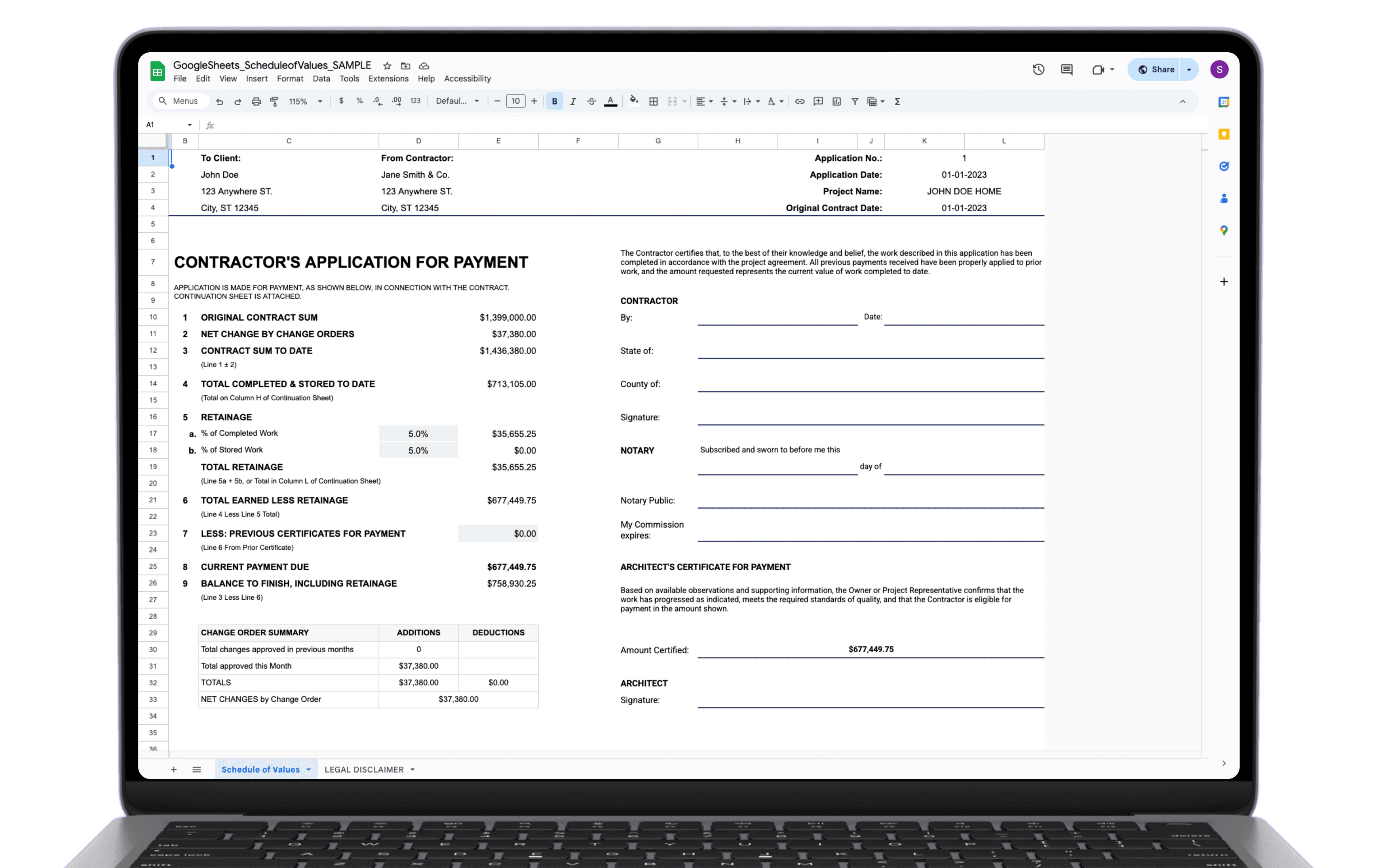 Google Sheets Schedule of Values template on MacBook – contractor payment application with retainage, change orders, and certification