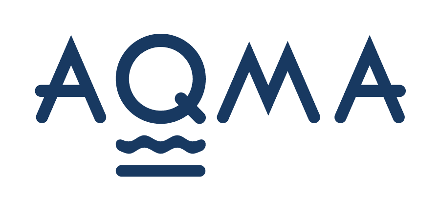Logo featuring the word "AQMA" with an ornate design, possibly representing a brand or organization.
