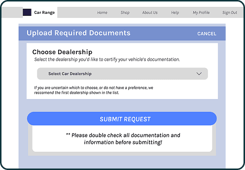 A storyboard wireframe depicting a potential interface for selling vehicles online.