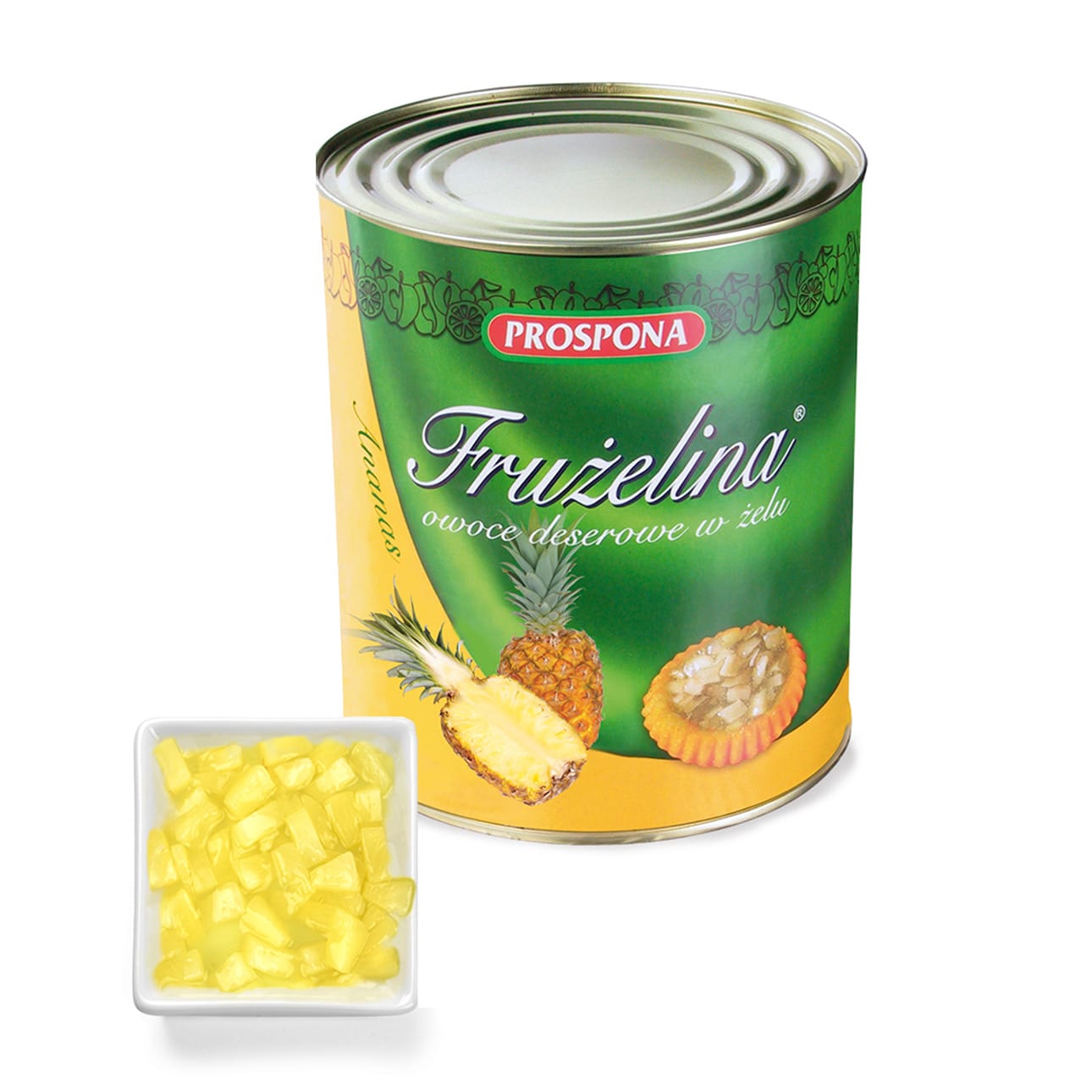 A large green and yellow tin of fruit jelly Fruzelina with images of pineapple, showcasing a brand logo, is displayed next to a small white dish filled with cubed pineapple pieces.