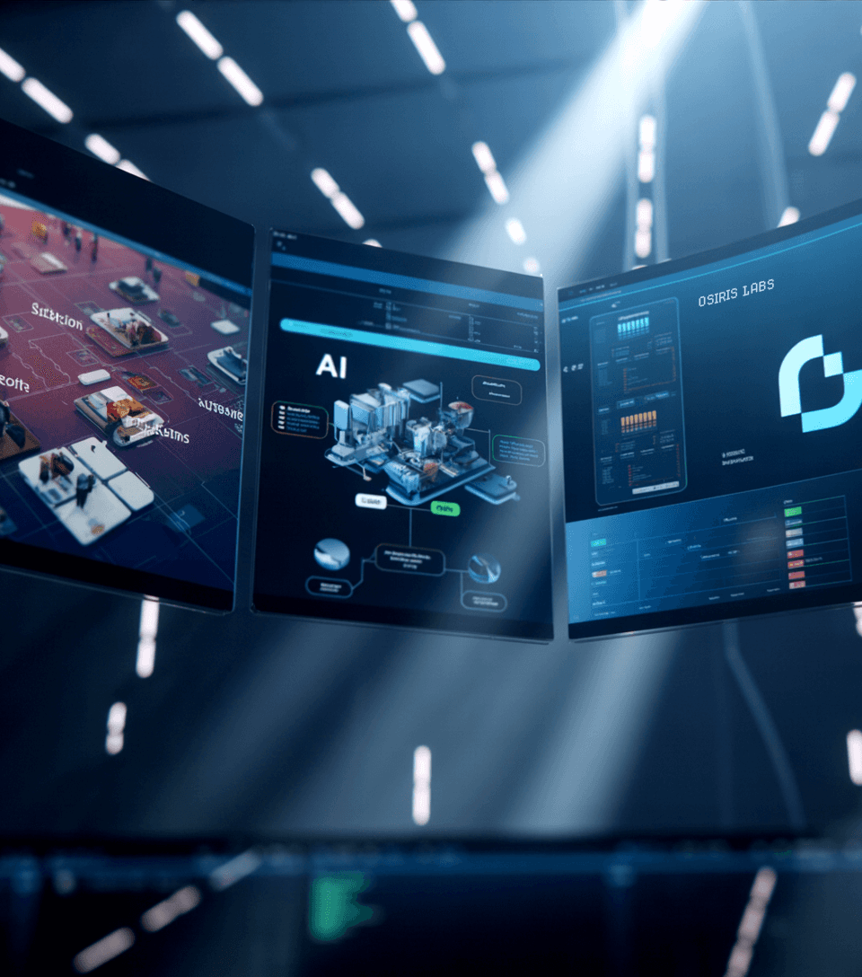 Osiris Labs screens showing crms, systems built, workflows and creatives.