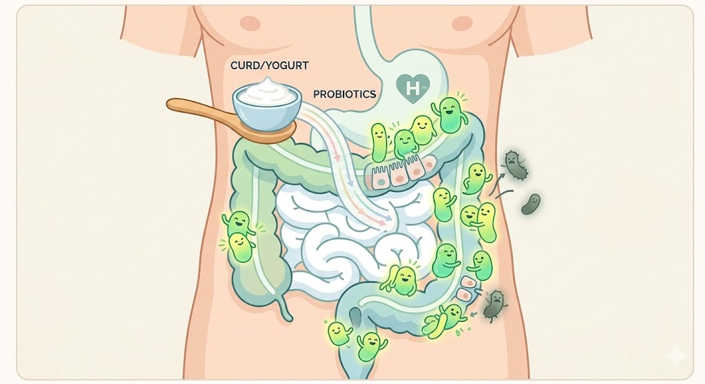 A friendly medical illustration of the human digestive system showing probiotics from curd (yogurt) entering the gut. Glowing green "good bacteria" characters are shown nurturing the intestinal lining while dull "bad bacteria" are phased out, in a clean pastel-colored flat design.