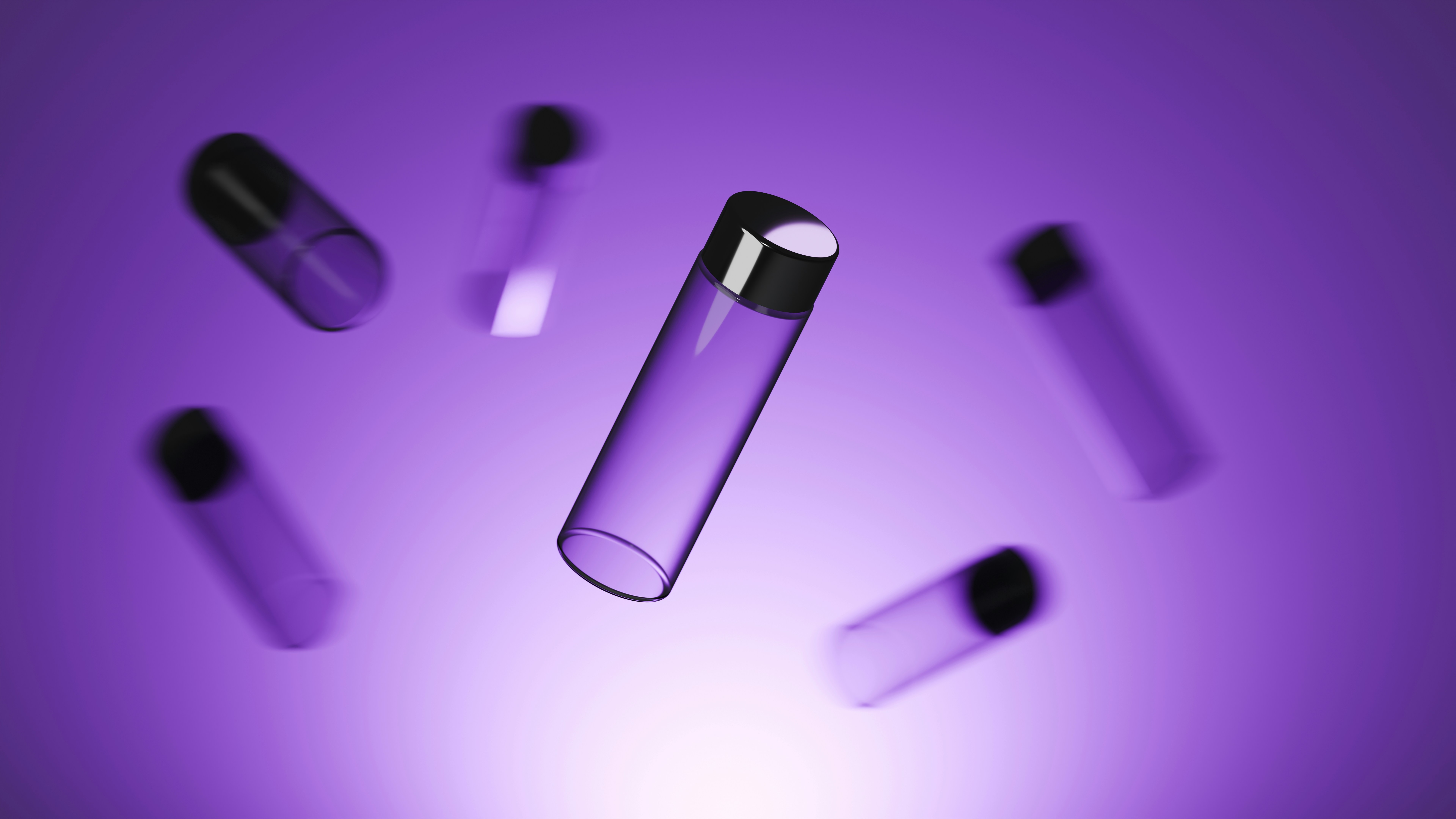 Several purple vials float against a gradient background.