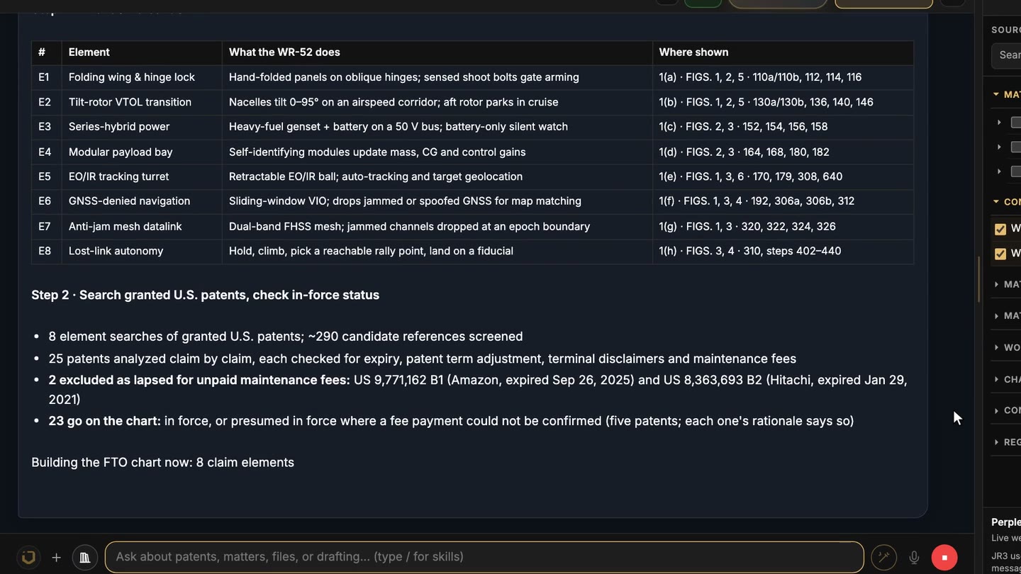 JR3 reads both files, lists the eight WR-52 elements with their figures and claim clauses, searches per element and summarizes the in-force screen