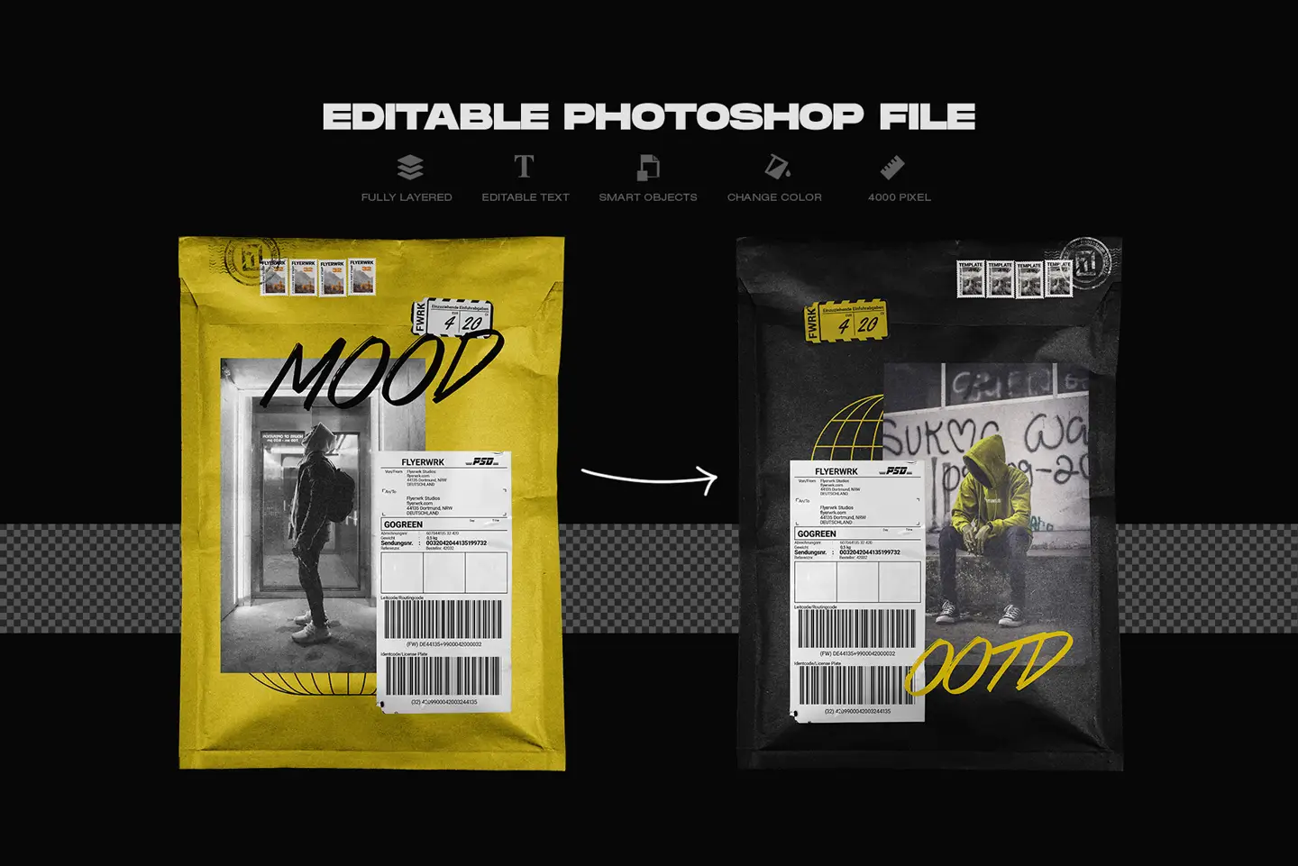 Paper mailing bag mockups editable Photoshop file with smart objects and color options