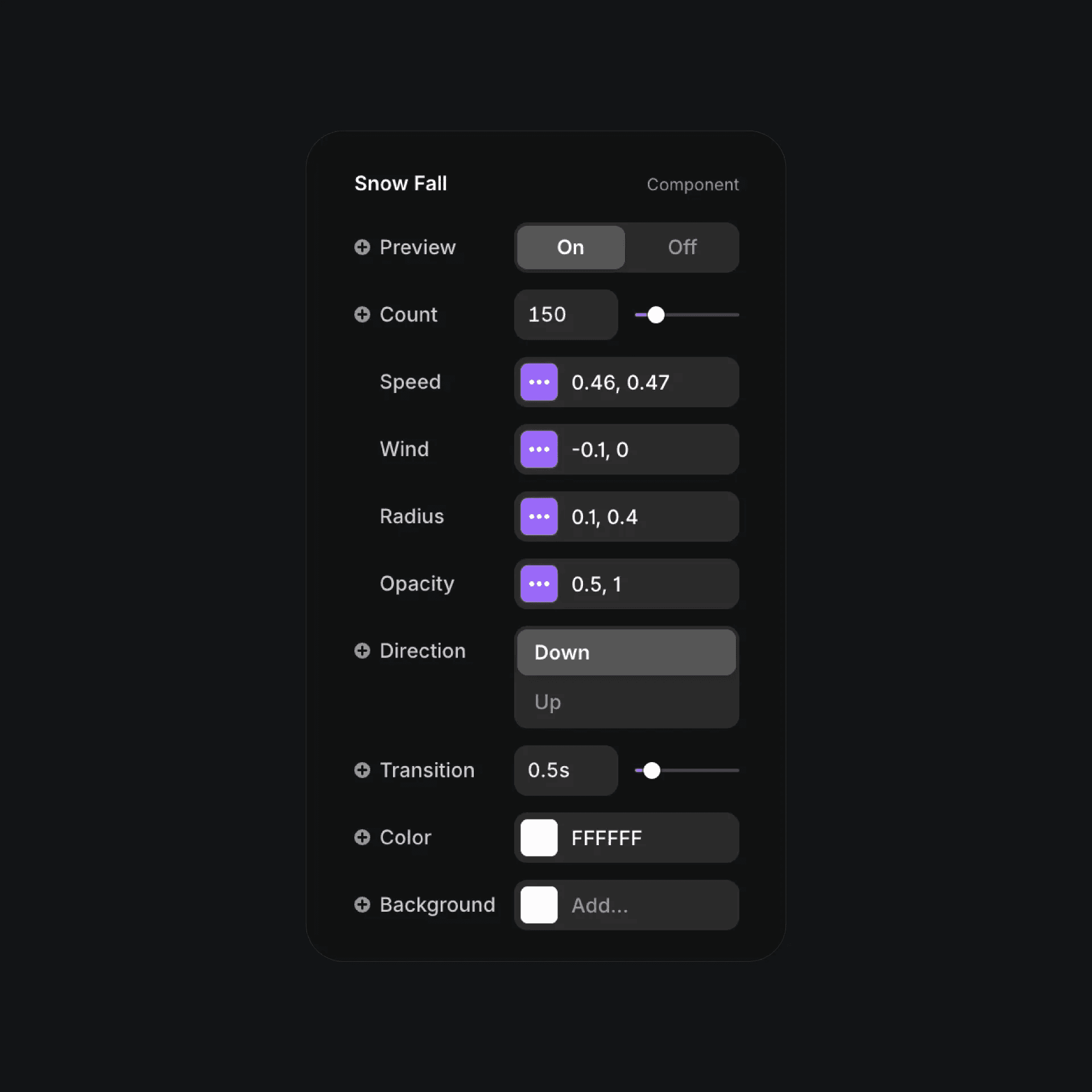 Snowfall component settings with speed, wind, and opacity controls