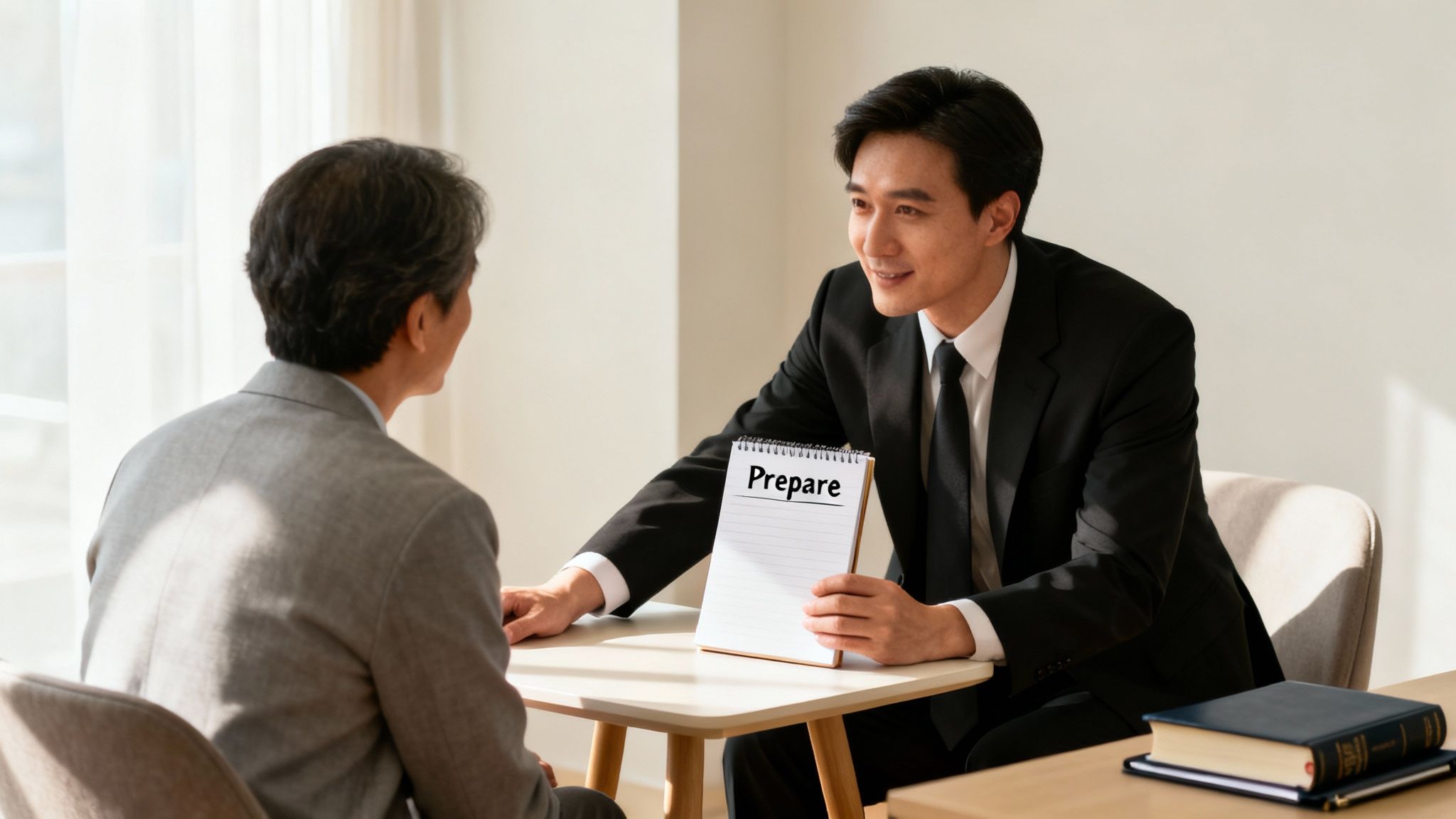 Two professional men in suits discussing, one holding a notepad with 'Prepare' written on it.