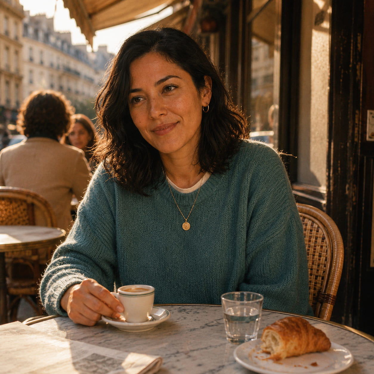 A woman sits at a Parisian café, holding an espresso. She wears a green sweater and gold necklace, with a croissant nearby on the table, looking content.