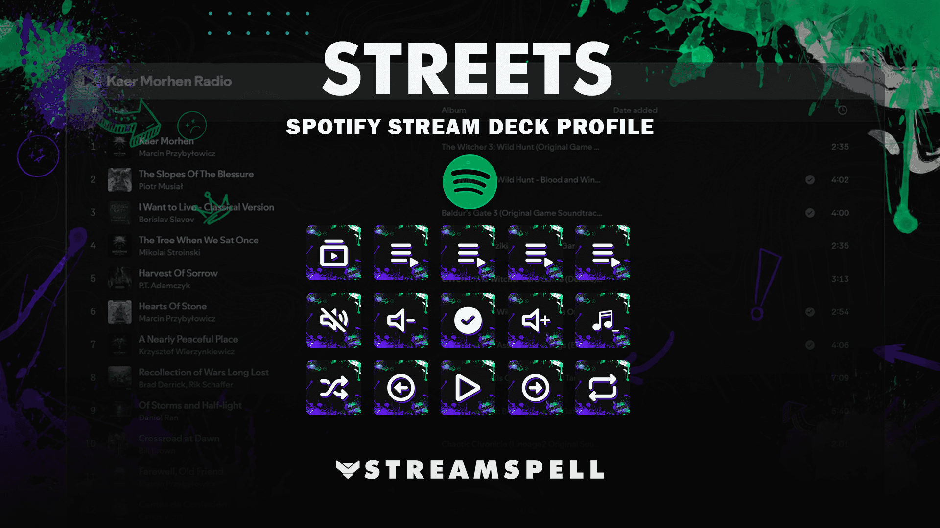 Streets Spotify Stream Deck Profile cover with neon purple and green Spotify controls