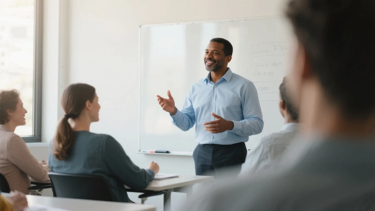 Formateur noir d’âge moyen parle à des apprenants adultes dans une salle de formation lumineuse et moderne avec tableau blanc