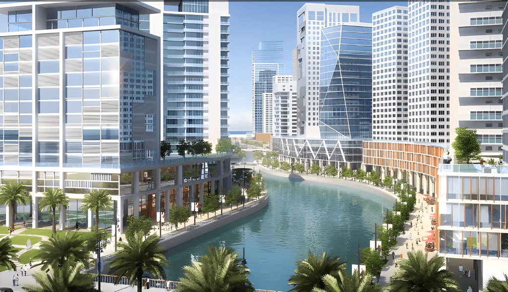 Artistic depiction of a city with skyscrapers alongside a river, named "The Symphony by Imtiaz."