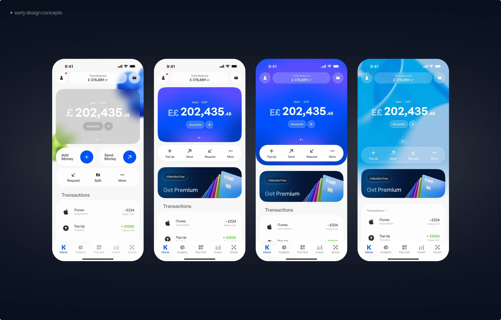 Kiwe Bank early design explorations — four color variations of the home screen showing balance of E£ 202,435