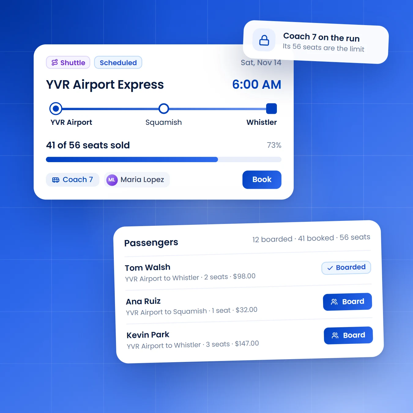 Shuttle run YVR Airport to Whistler with 41 of 56 seats sold on Coach 7, and its passenger list with a Board button per booking