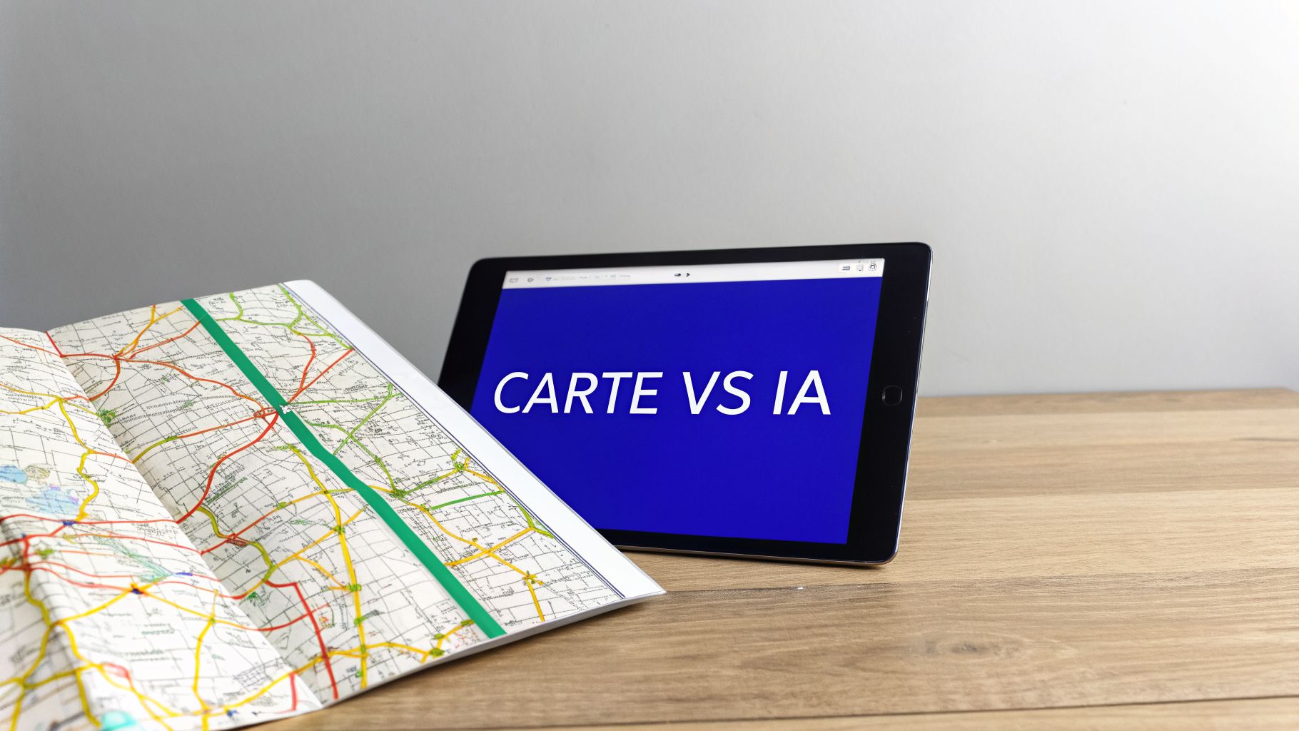 Une carte routière ouverte à côté d'une tablette affichant 'CARTE VS IA' sur un écran bleu.