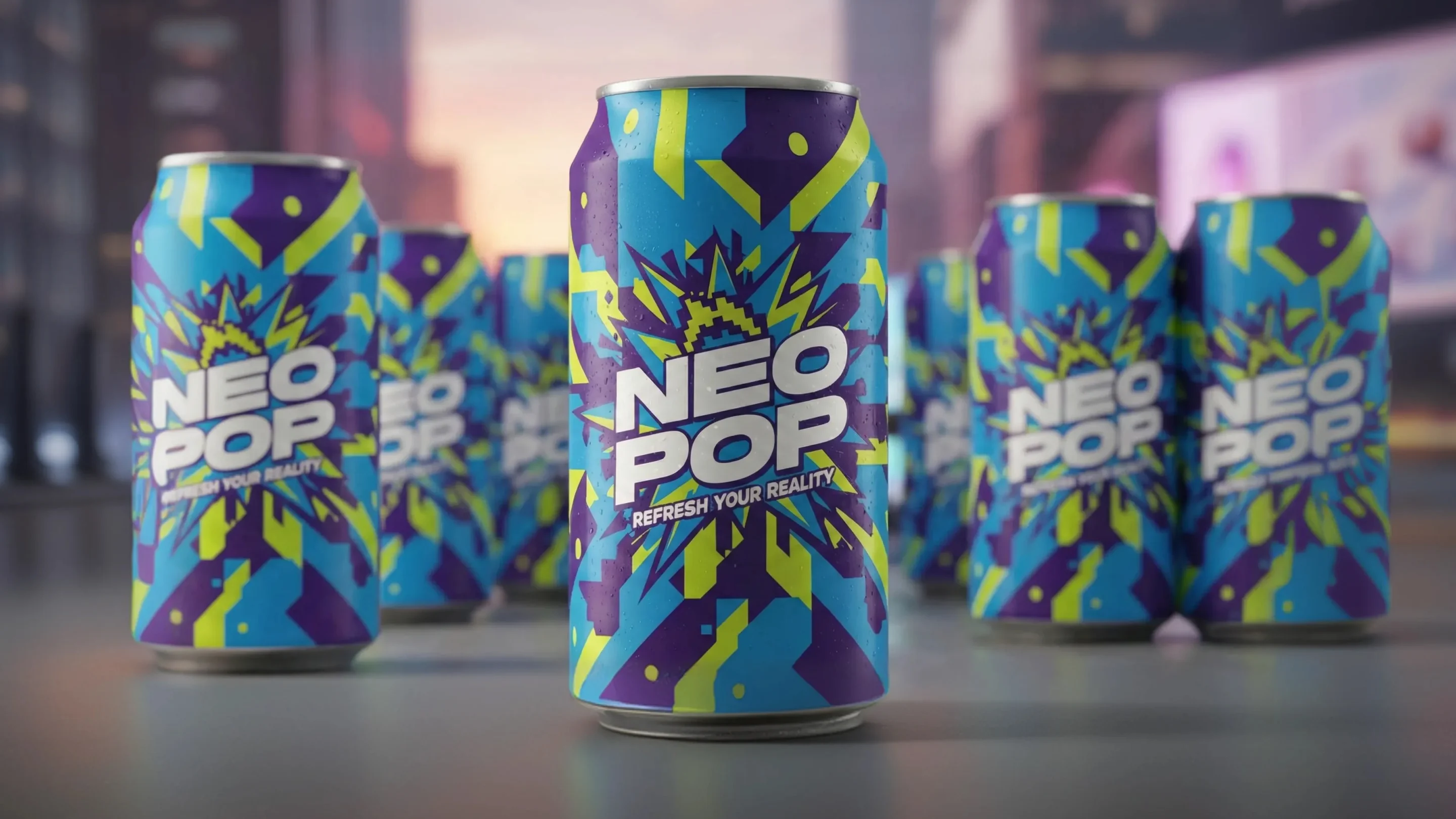 A group of vibrant Neo Pop beverage cans featuring a bold, abstract blue, purple, and neon yellow design.