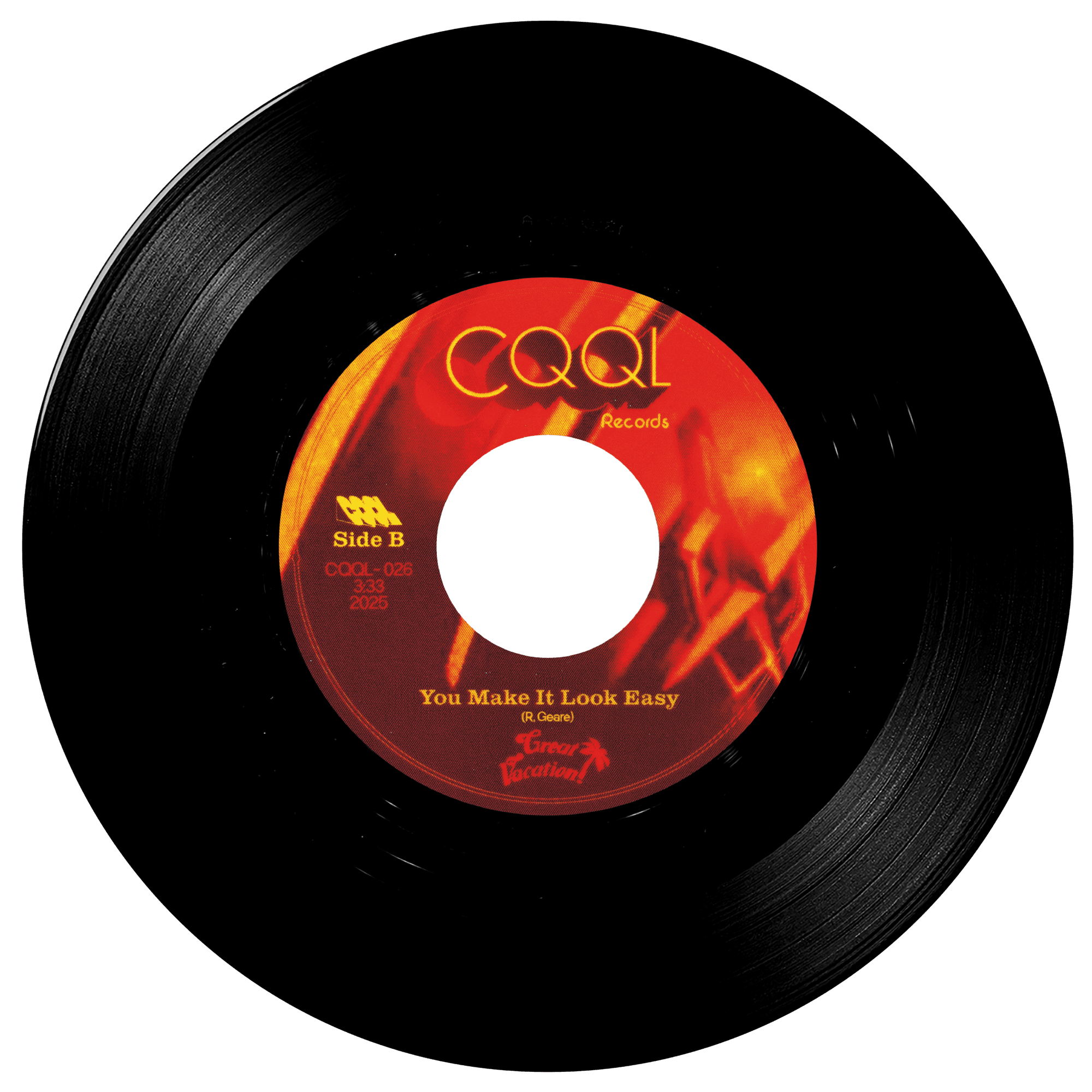 Vinyl record with a red label on a white background