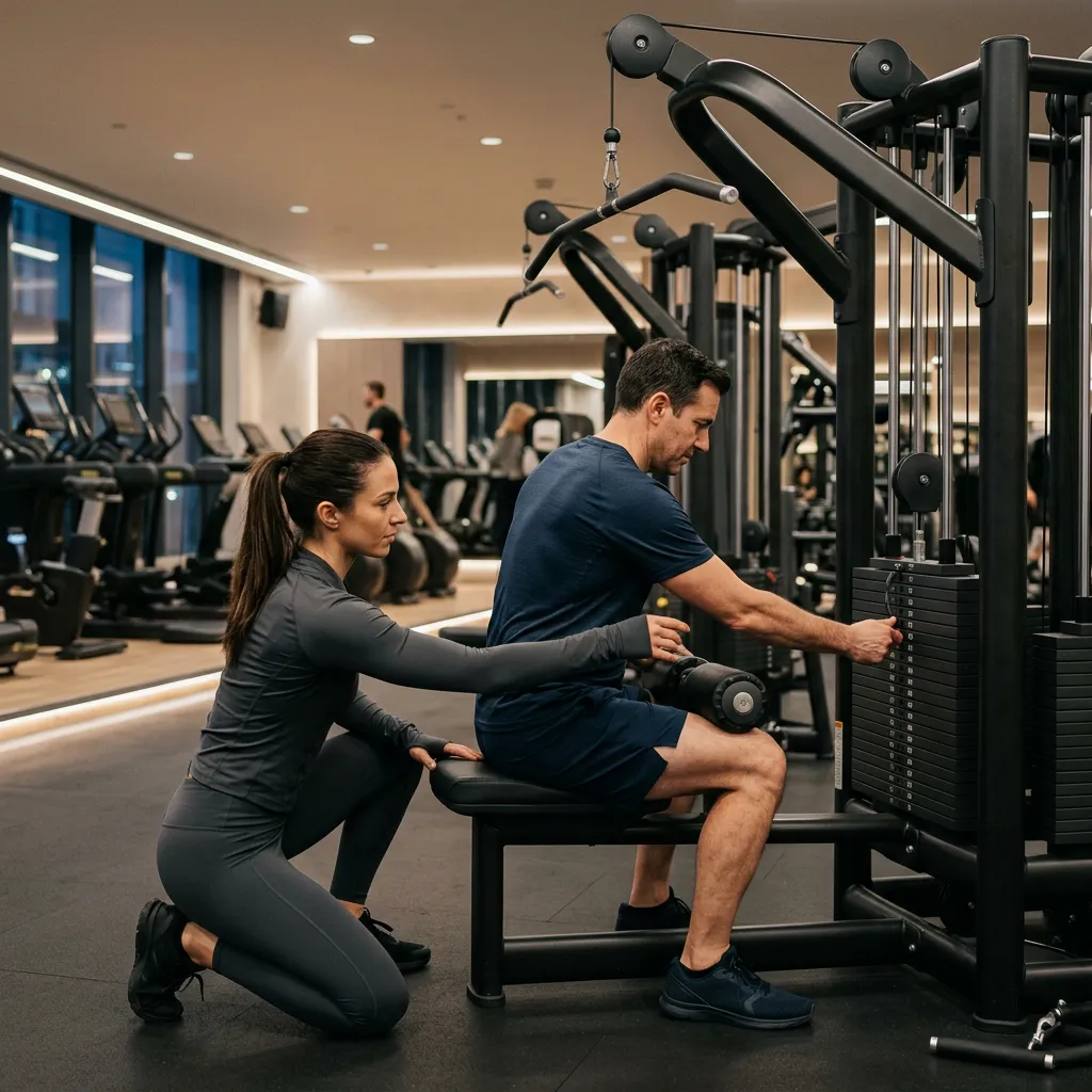 Personal trainer helps man adjust weights on a gym machine.
