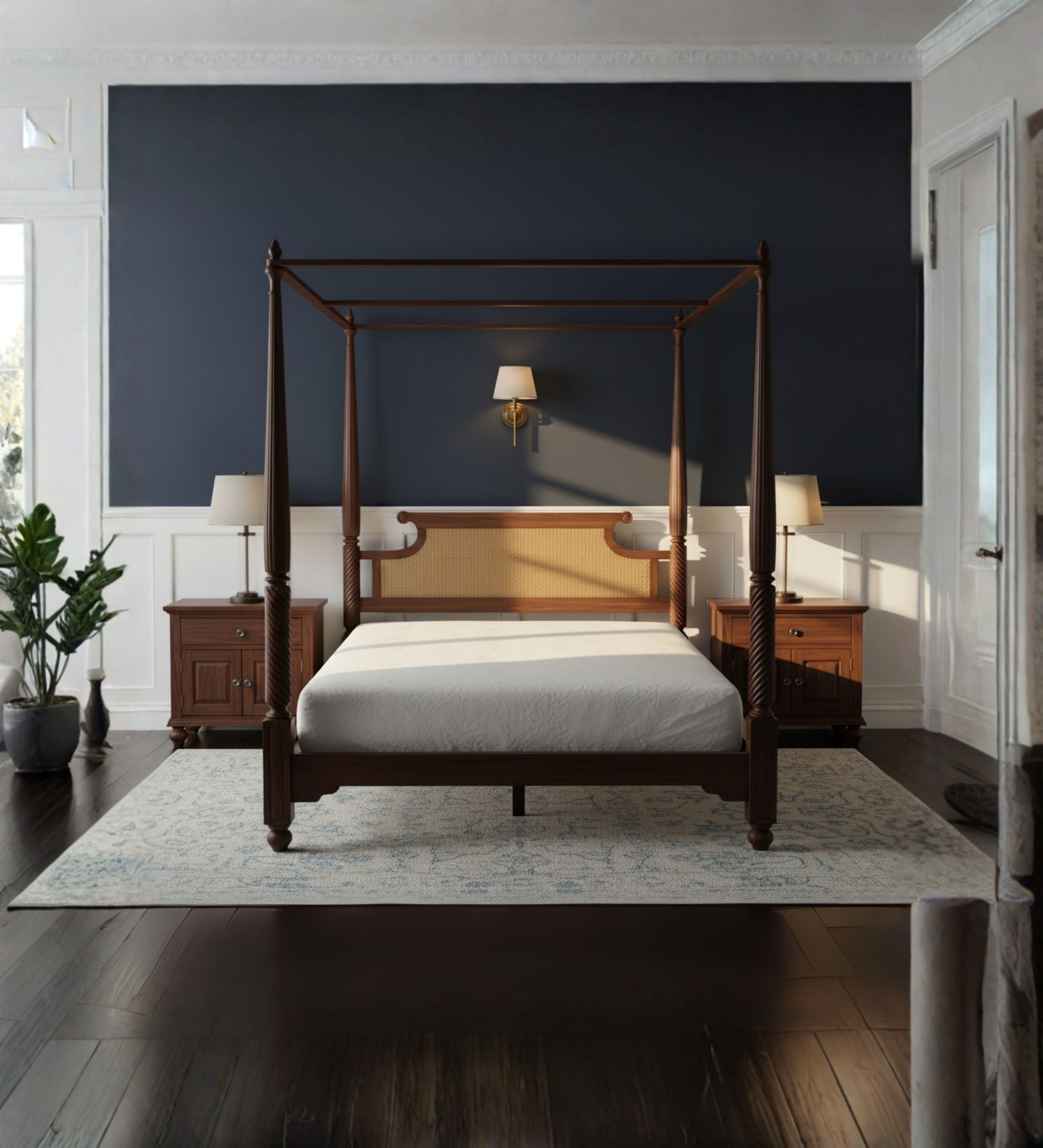 Minimal four‑poster bed with slim vertical posts and open sides