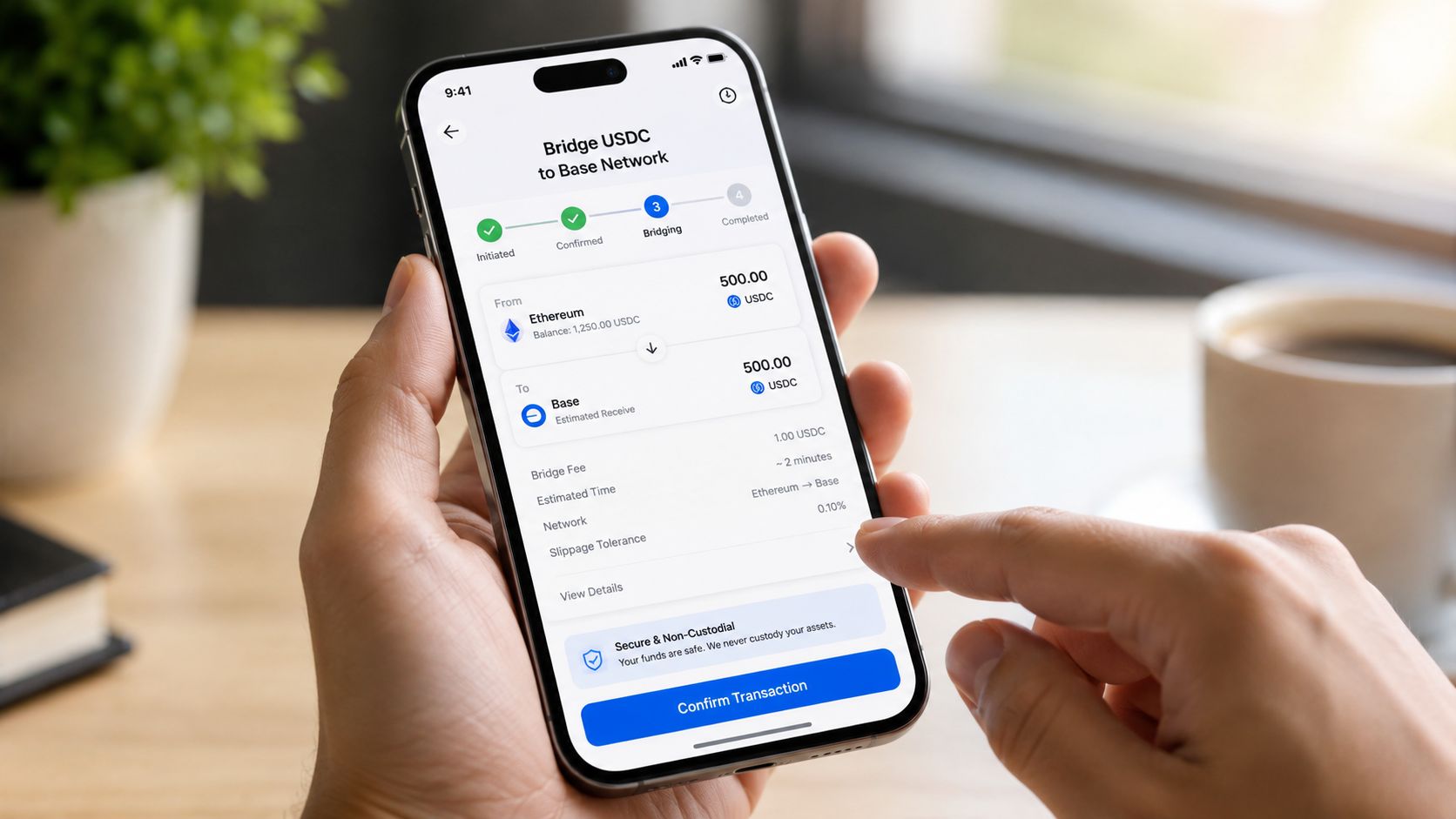 A hand holding a smartphone displaying a cryptocurrency bridge application with transaction details for transferring USDC.
