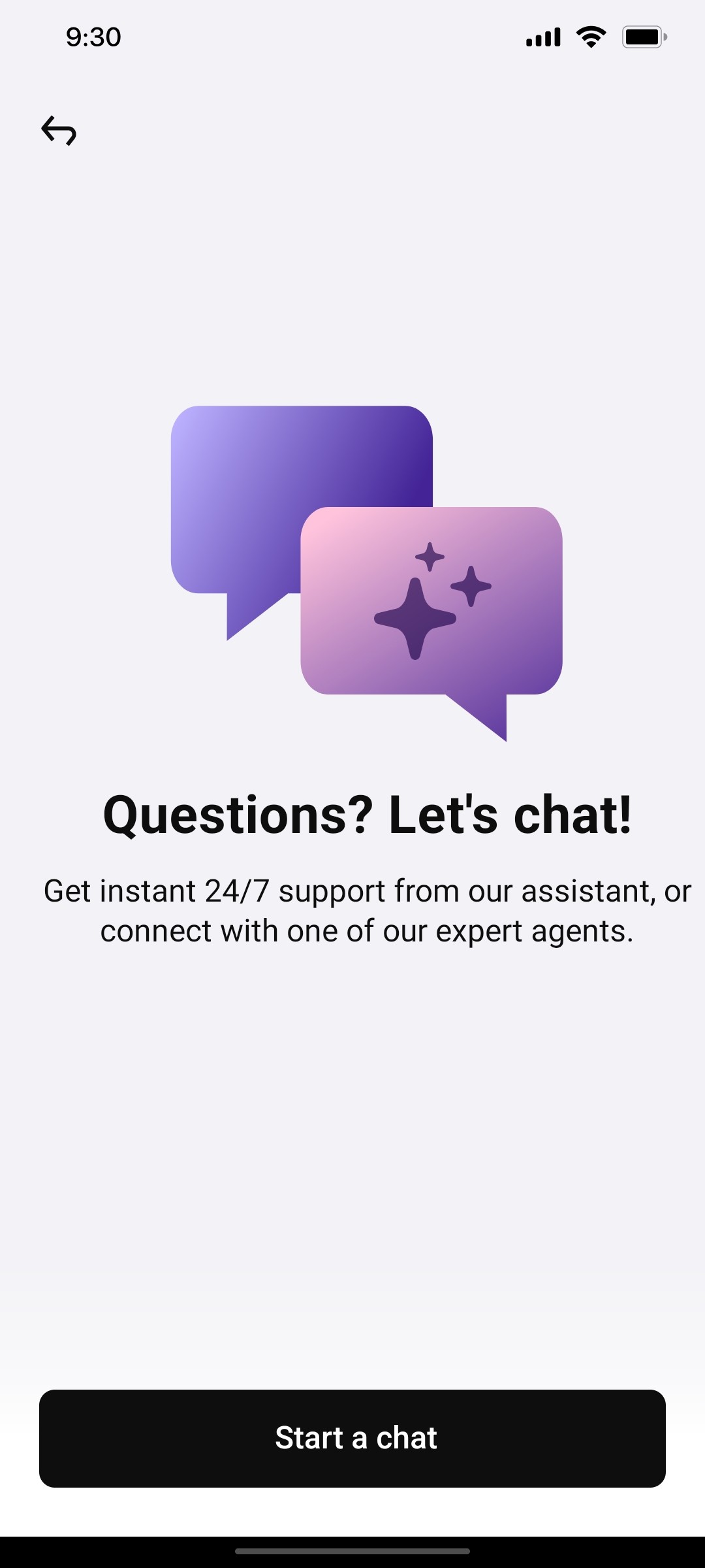 Klarna  Start Chat Page Screen