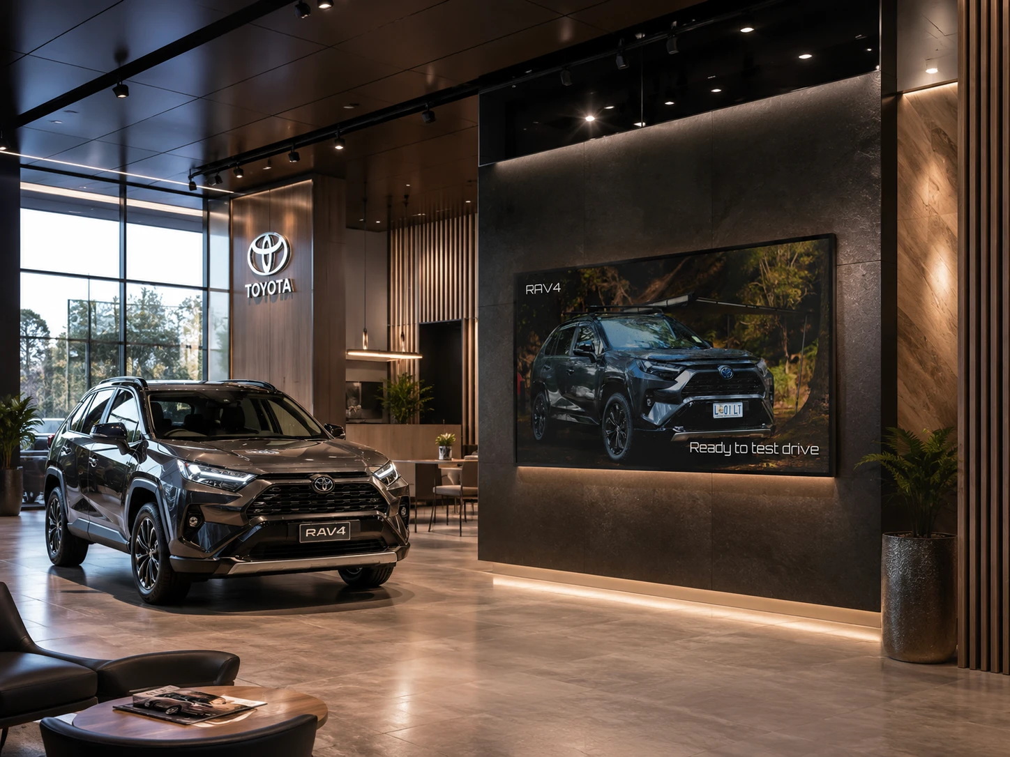 Modern Toyota dealership showroom featuring a Toyota RAV4 alongside a large digital signage display promoting test drives, vehicle highlights, and showroom offers to enhance the automotive customer experience.