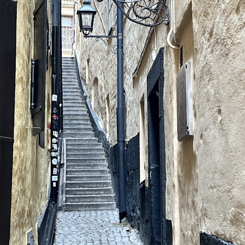 狹窄的鵝卵石小巷,陡峭的階梯在舊有的、多紋理的建築之間延伸,並嵌上了壁燈。