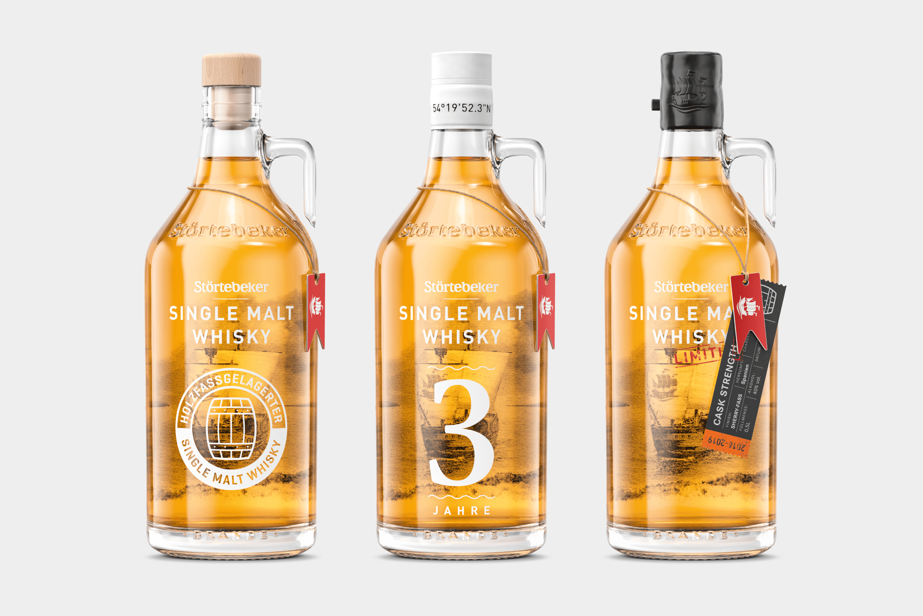 Three bottles of Störtebeker single malt whisky.