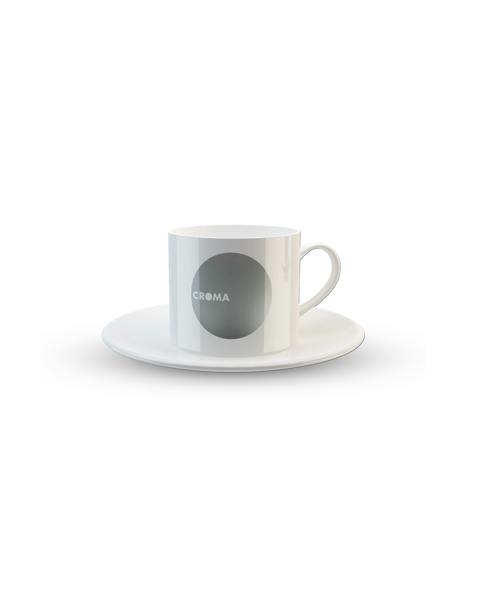 Croma cup and saucer on a black background, brand identity design by Sebastian Saavedra