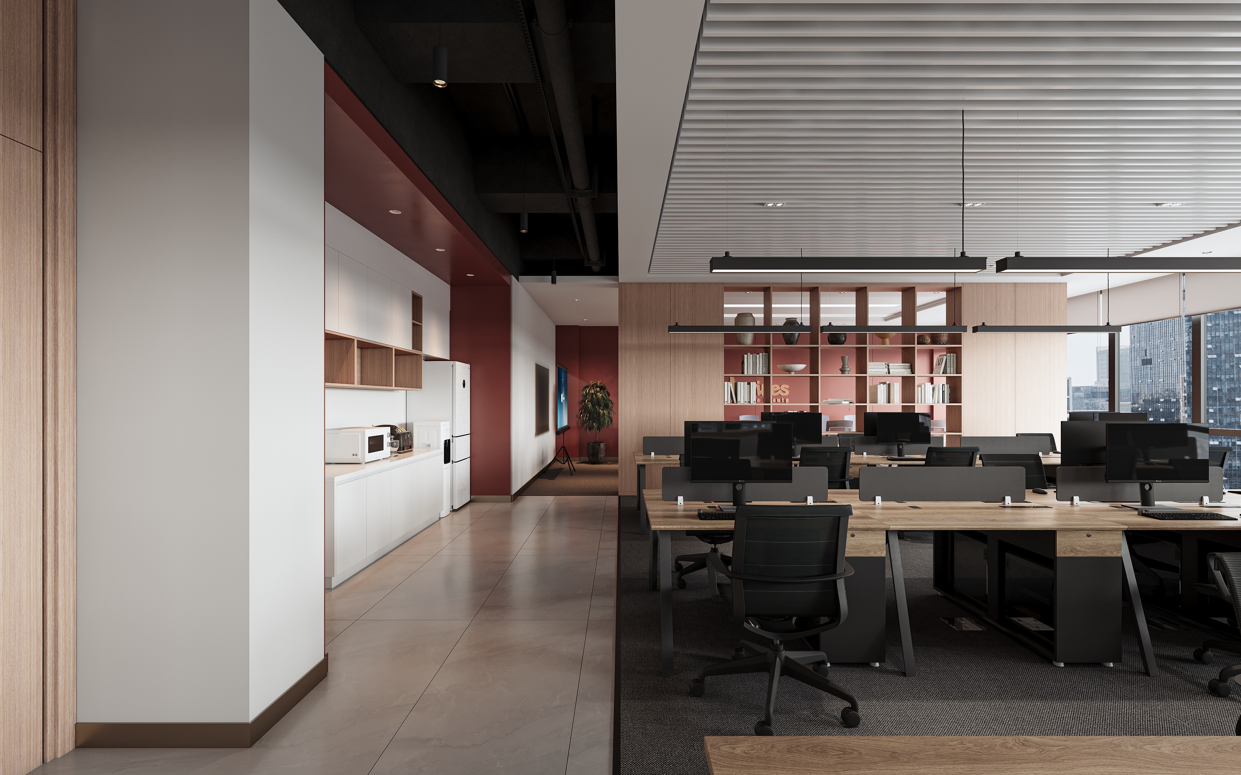Commercial renovation of a corporate workspace with custom fluted wood wall panelling