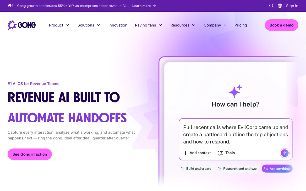 Gong homepage, enterprise revenue intelligence and conversation analysis platform